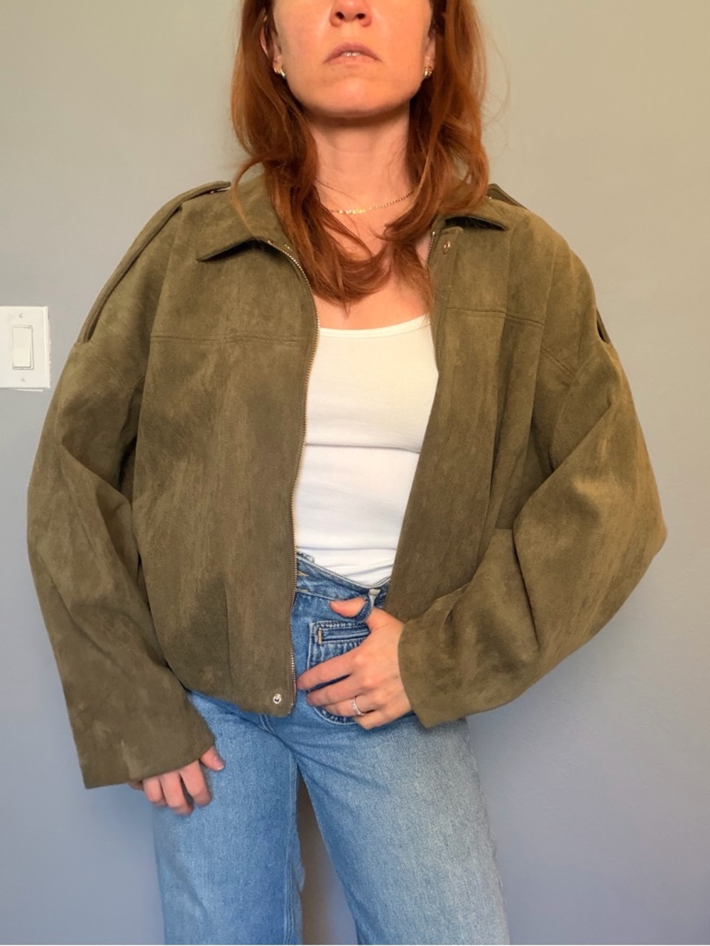 Zara Olive Suede Zip-Front Women's Jacket